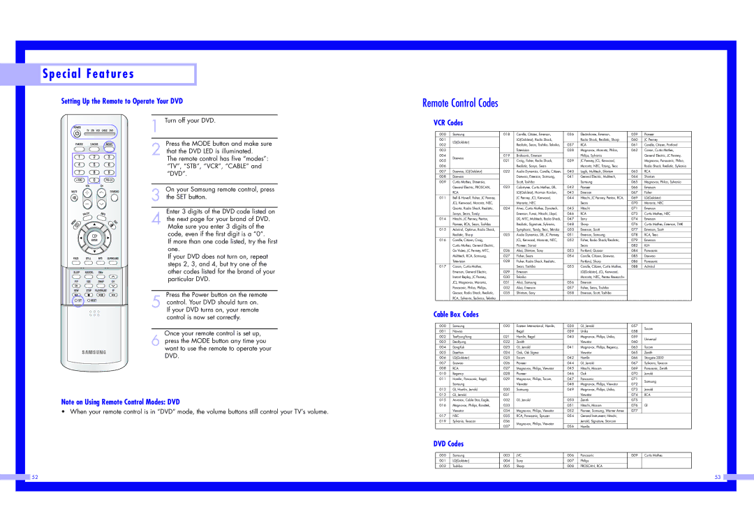 Samsung HLN437W1 HLN507W1 Remote Control Codes, Setting Up the Remote to Operate Your DVD, VCR Codes, Cable Box Codes 