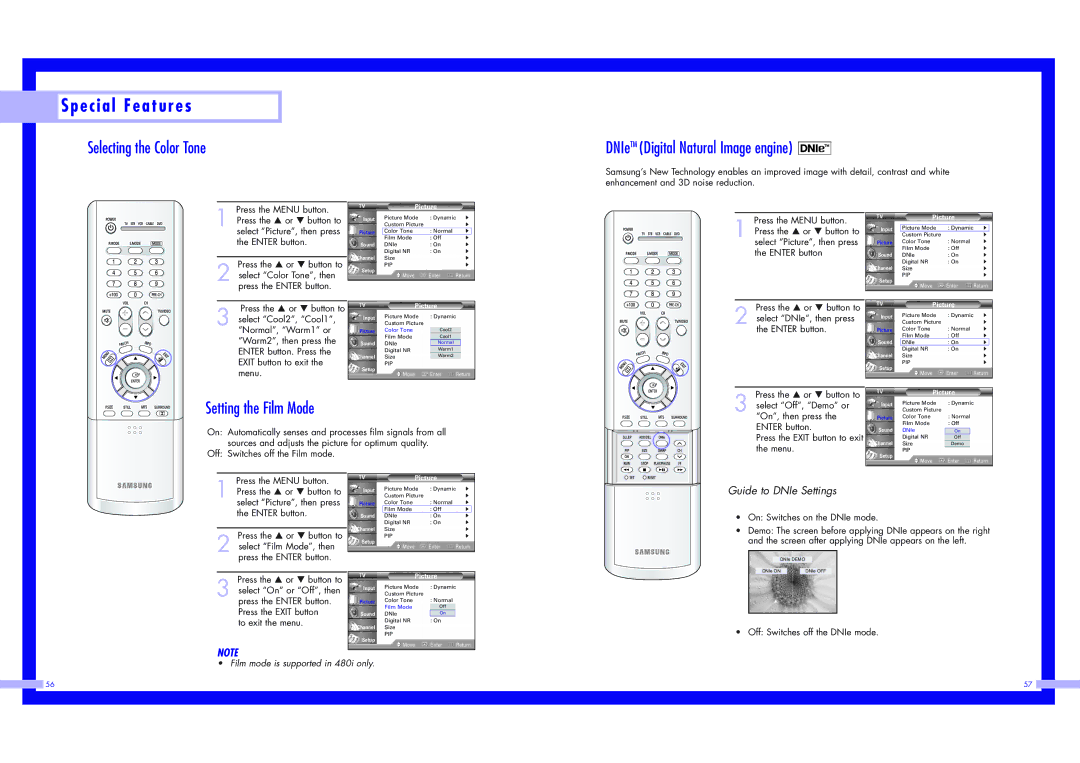 Samsung HLN467W1, HLN5065W1, HLN4365W1 Selecting the Color Tone DNIeTM Digital Natural Image engine, Setting the Film Mode 