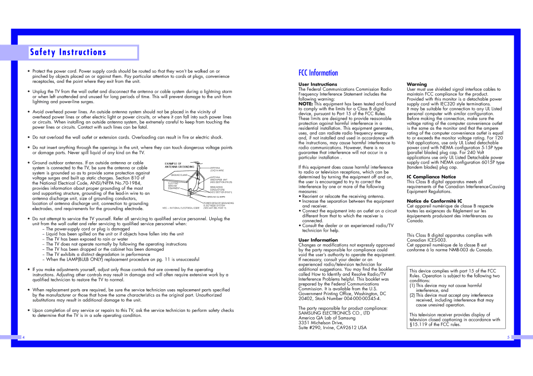 Samsung HLN437W1 HLN507W1, HLN5065W1, HLN4365W1, HLN617W1, HLN567W1, HLN467W1 FCC Information, User Instructions 