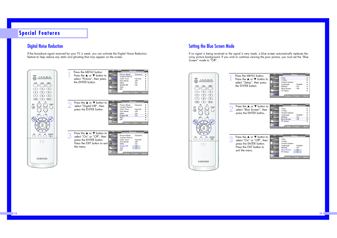 Samsung HLN5065W1, HLN4365W1, HLN617W1, HLN437W1 HLN507W1, HLN567W1 Digital Noise Reduction, Setting the Blue Screen Mode 