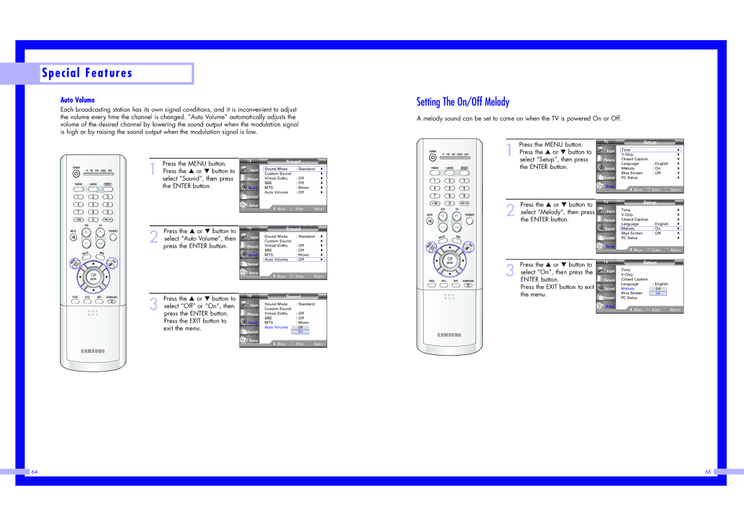 Samsung HLN437W1 HLN507W1, HLN5065W1, HLN4365W1, HLN617W1, HLN567W1, HLN467W1 Setting The On/Off Melody, Auto Volume 