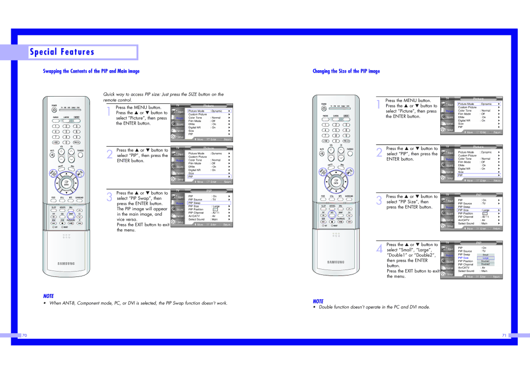 Samsung HLN5065W1, HLN4365W1, HLN617W1 Swapping the Contents of the PIP and Main image, Changing the Size of the PIP image 