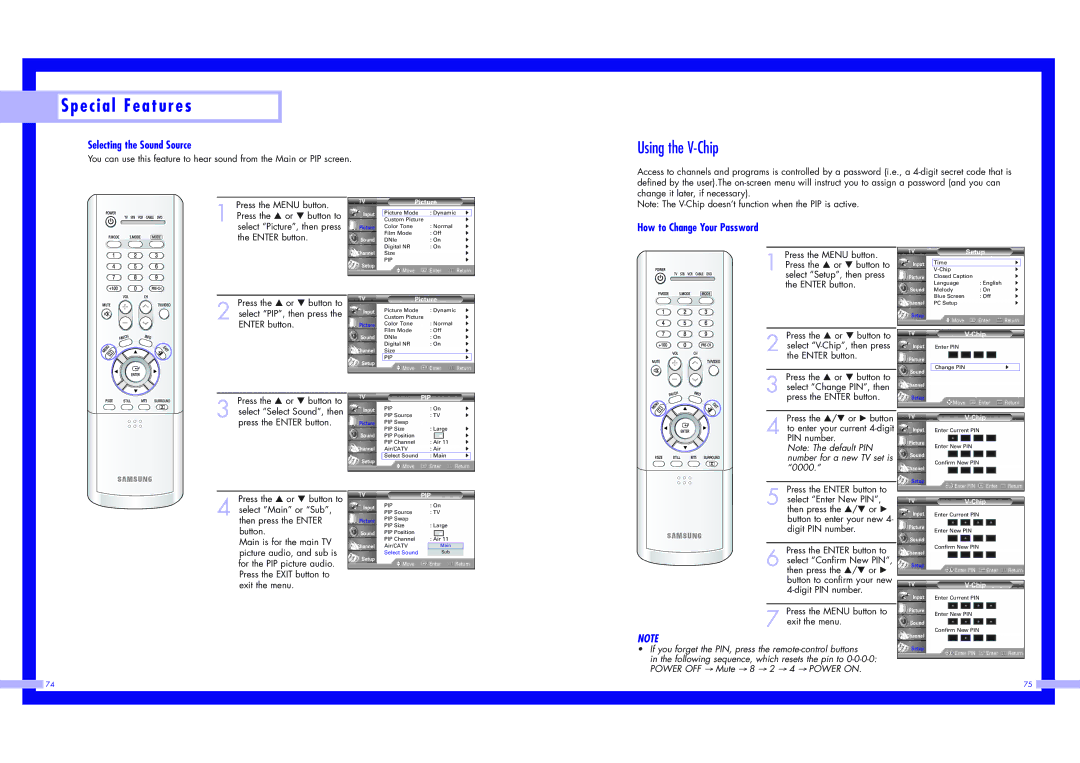 Samsung HLN617W1, HLN5065W1, HLN4365W1, HLN567W1 Using the V-Chip, Selecting the Sound Source, How to Change Your Password 