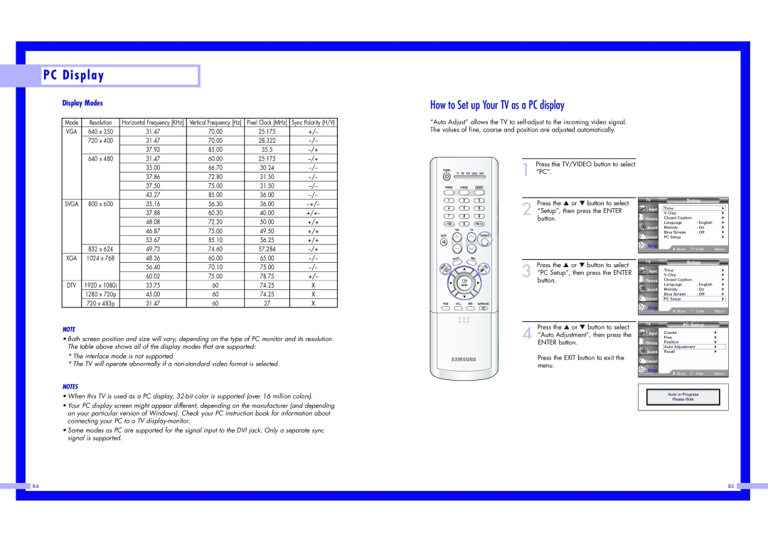 Samsung HLN4365W1, HLN5065W1, HLN617W1, HLN437W1 HLN507W1, HLN567W1 How to Set up Your TV as a PC display, Display Modes 