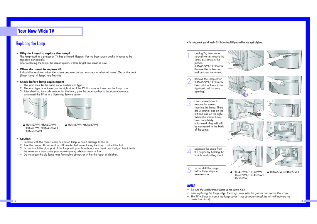 Samsung HLN5065W1, HLN4365W1, HLN617W1, HLN437W1 HLN507W1, HLN567W1, HLN467W1 Your New Wide TV, Replacing the Lamp 