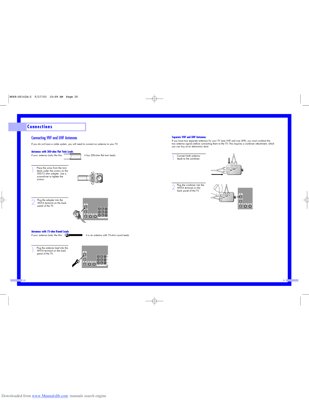 Samsung HLN4365W, HLN567W N n e c t i o n s, Connecting VHF and UHF Antennas, Antennas with 300-ohm Flat Twin Leads 