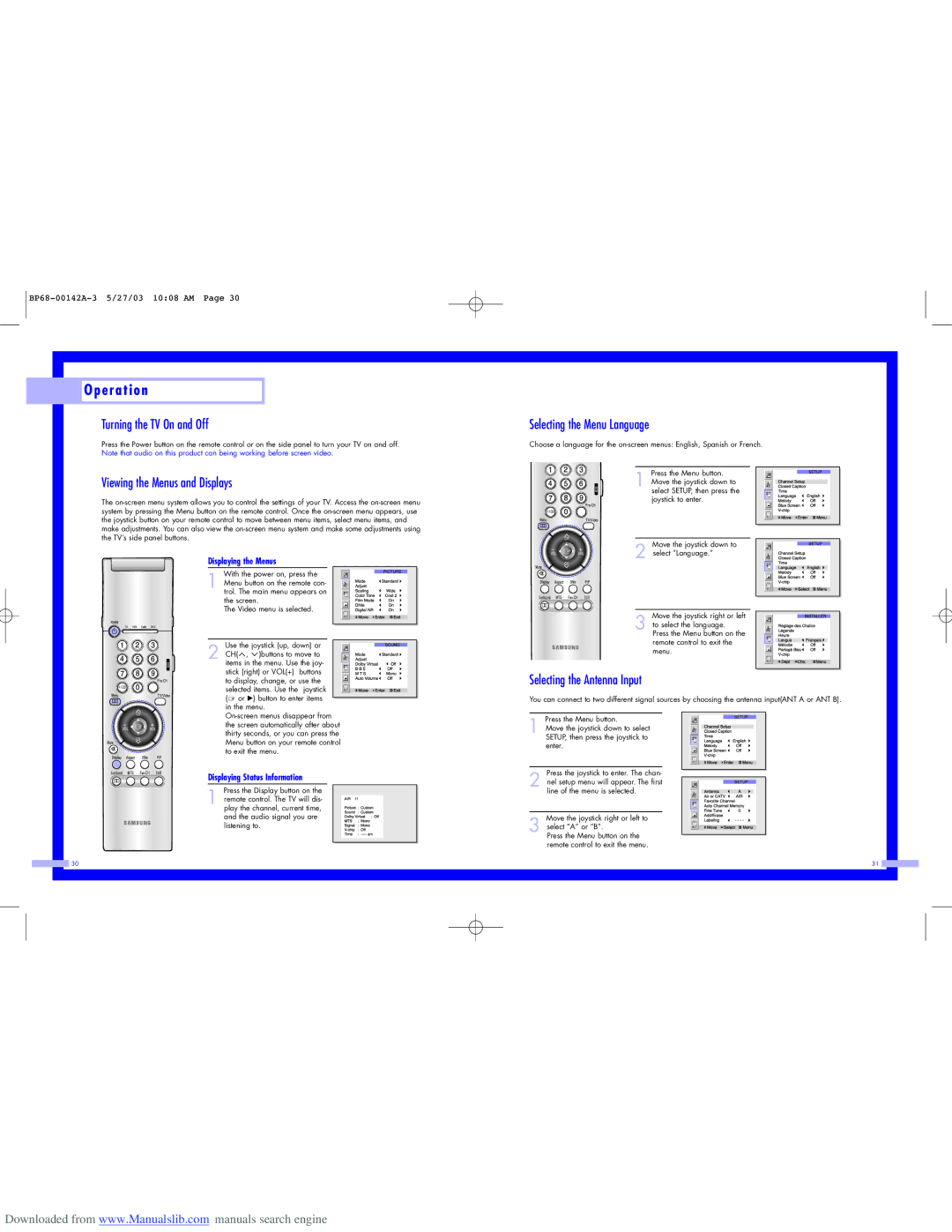 Samsung HLN437W E r a t i o n, Turning the TV On and Off, Viewing the Menus and Displays, Selecting the Menu Language 