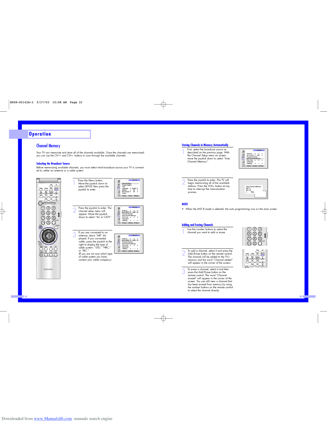 Samsung HLN4365W, HLN567W, HLN617W Channel Memory, Selecting the Broadcast Source, Storing Channels in Memory Automatically 