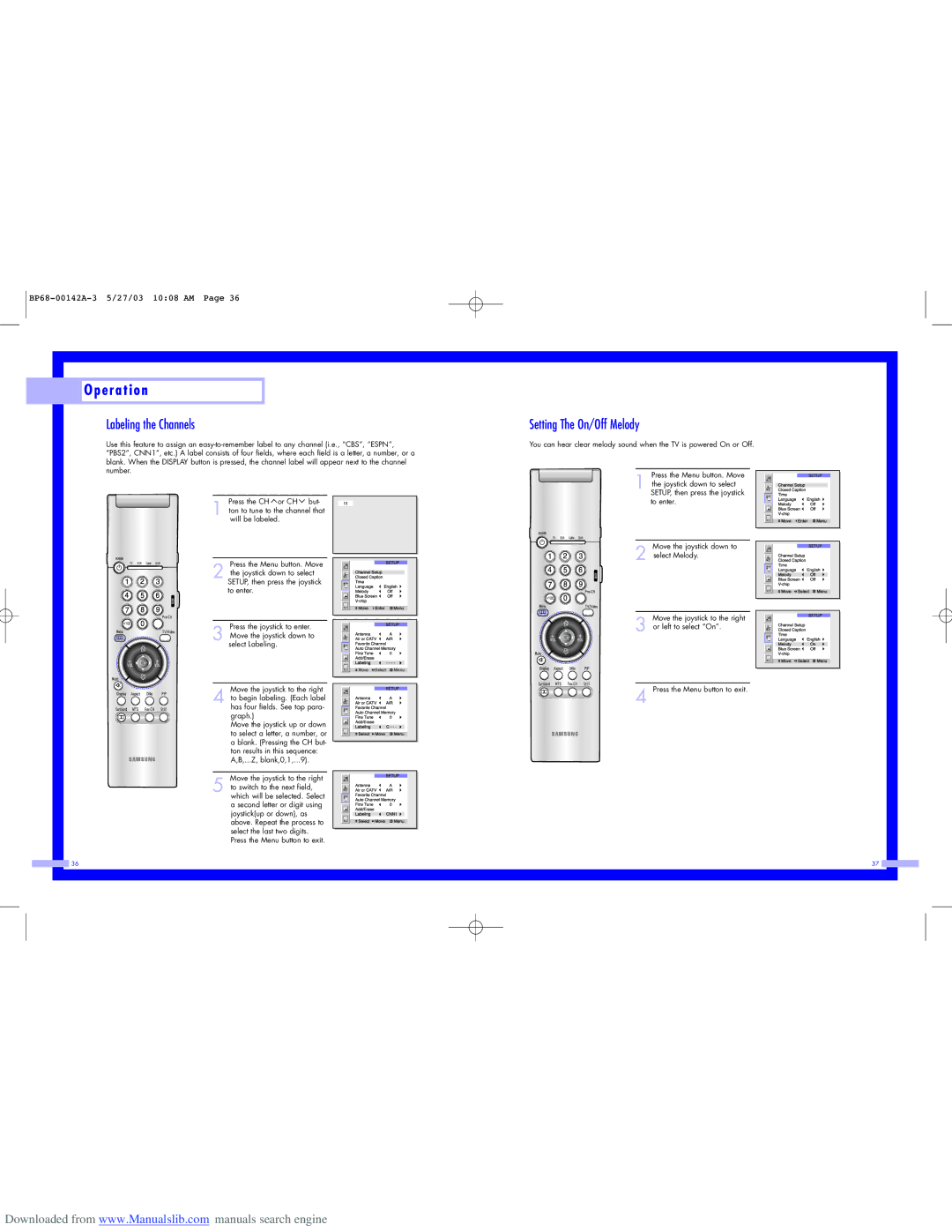 Samsung HLN617W, HLN567W, HLN507W, HLN5065W, HLN437W, HLN4365W Labeling the Channels, Setting The On/Off Melody 