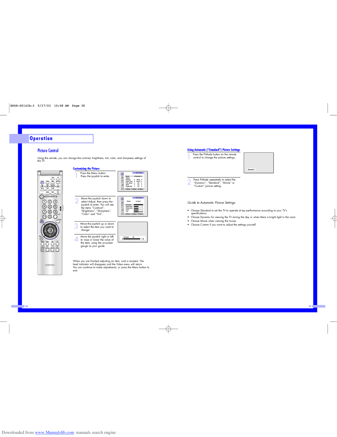 Samsung HLN507W, HLN567W, HLN617W Picture Control, Customizing the Picture, Using Automatic Standard Picture Settings 