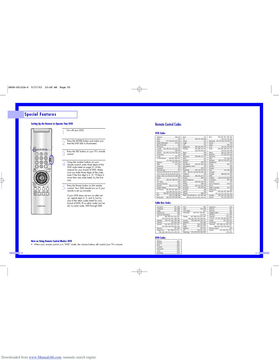 Samsung HLN507W, HLN567W, HLN617W, HLN5065W, HLN437W, HLN4365W Setting Up the Remote to Operate Your DVD, VCR Codes, DVD Codes 