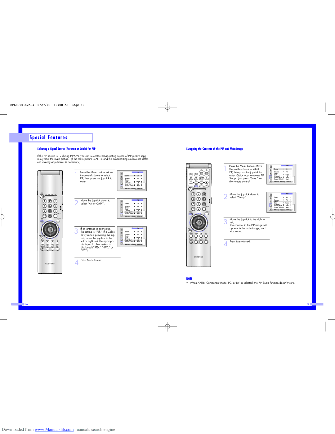 Samsung HLN437W Selecting a Signal Source Antenna or Cable for PIP, Swapping the Contents of the PIP and Main image 