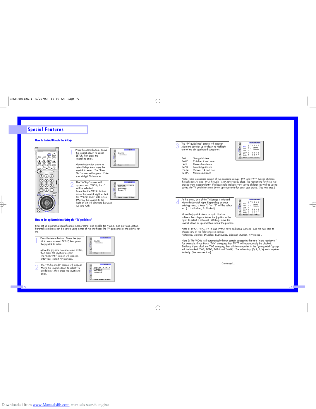 Samsung HLN617W, HLN567W, HLN507W How to Enable/Disable the V-Chip, How to Set up Restrictions Using the TV guidelines 