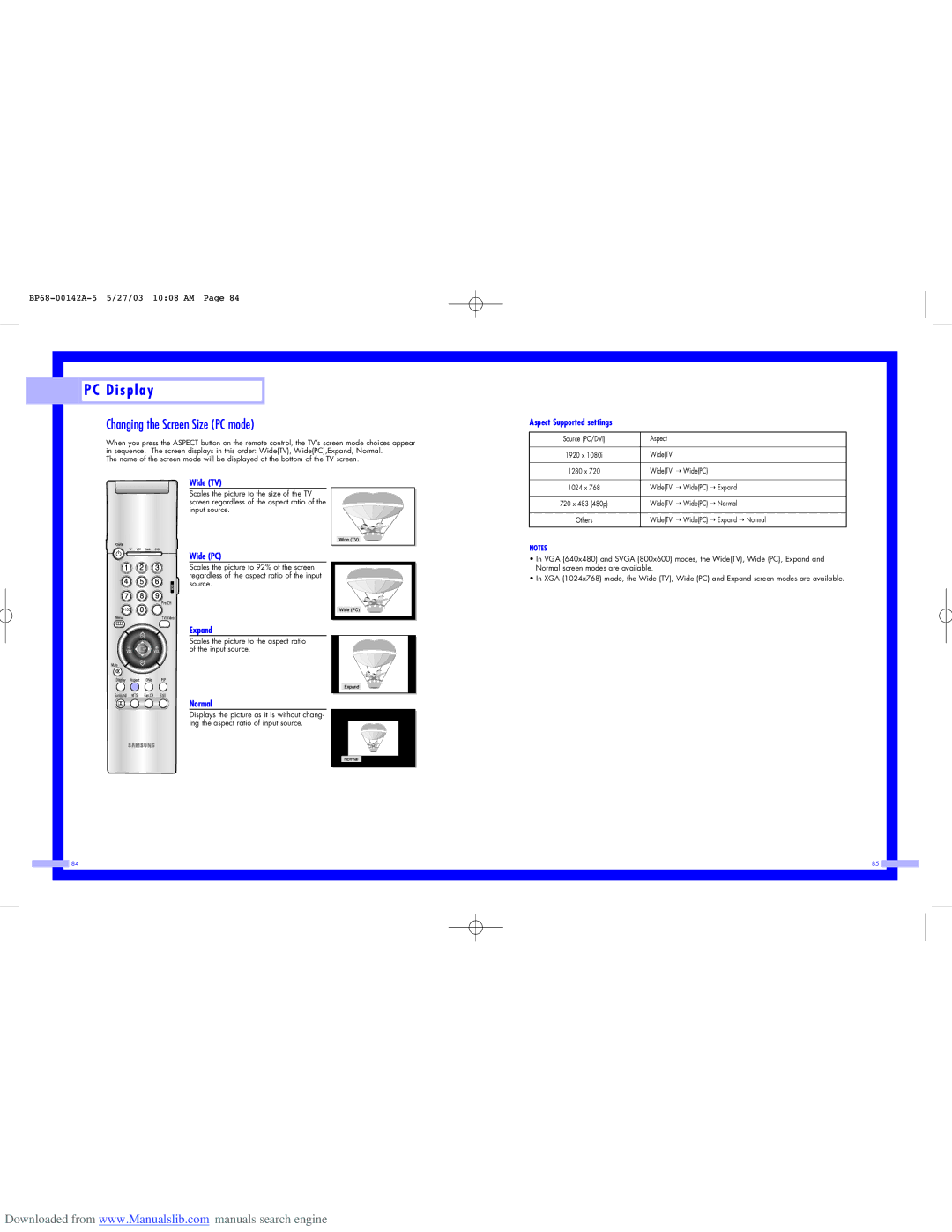 Samsung HLN617W, HLN567W, HLN507W Changing the Screen Size PC mode, Wide TV, Wide PC, Expand, Aspect Supported settings 