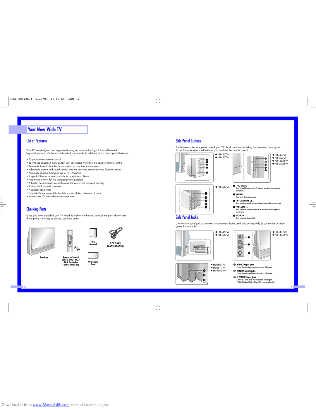 Samsung HLN617W, HLN567W, HLN507W, HLN5065W, HLN437W List of Features, Side Panel Buttons, Checking Parts, Side Panel Jacks 