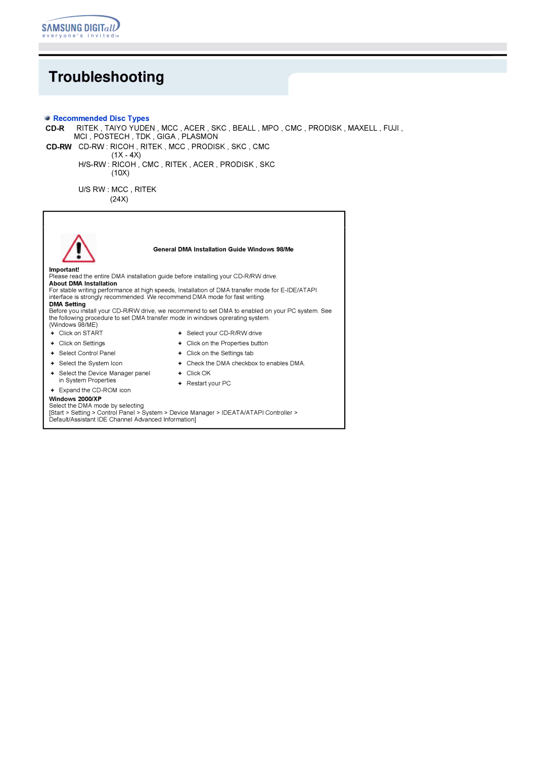 Samsung HM080HI Recommended Disc Types, General DMA Installation Guide Windows 98/Me, About DMA Installation, DMA Setting 