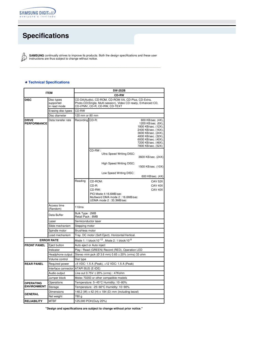 Samsung HM080HI specifications Technical Specifications, SW-252B 