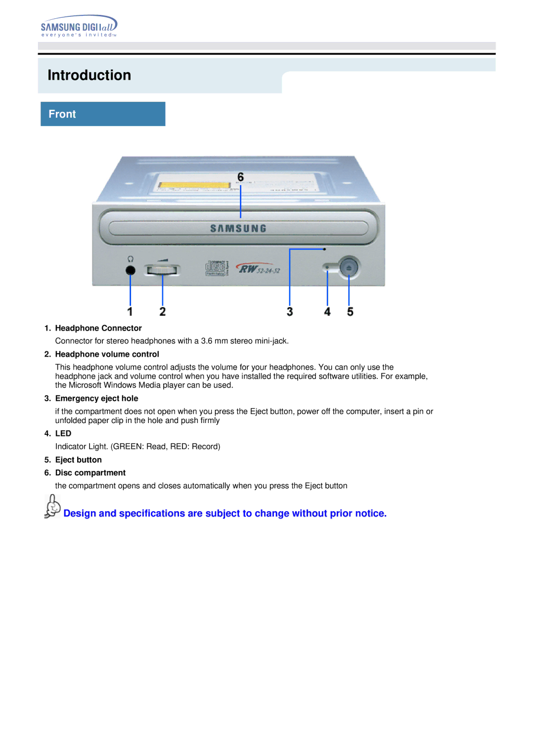 Samsung HM080HI specifications Introduction, Front 