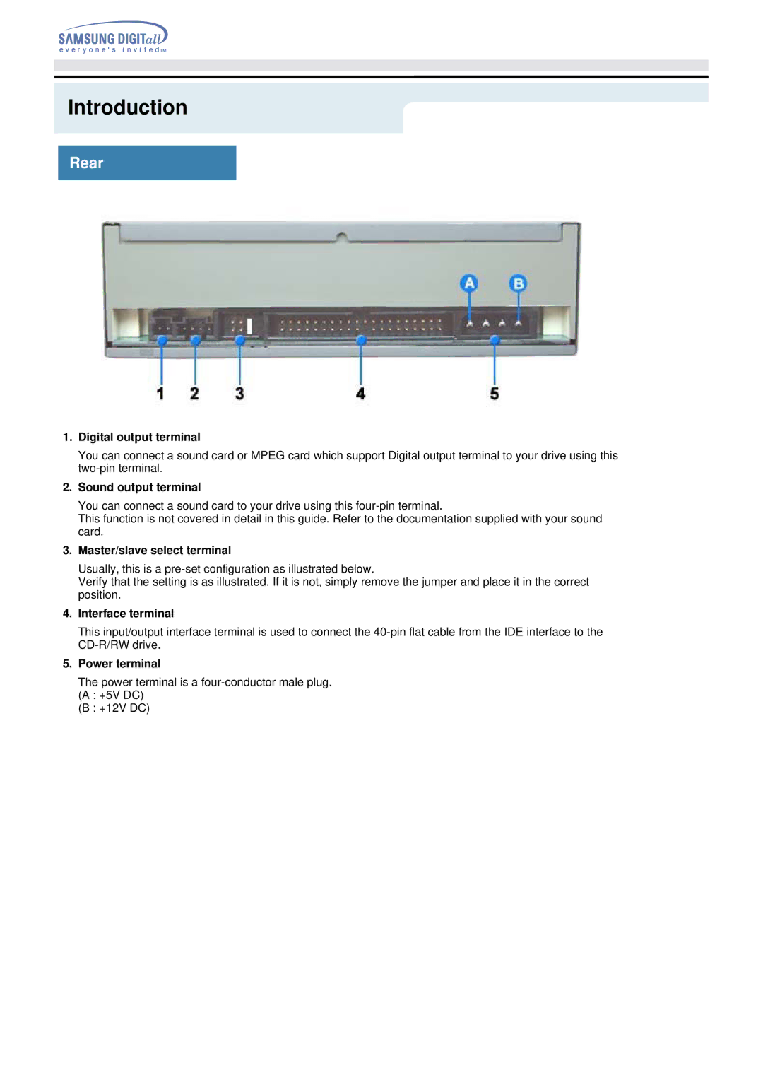 Samsung HM080HI specifications Rear, Digital output terminal 