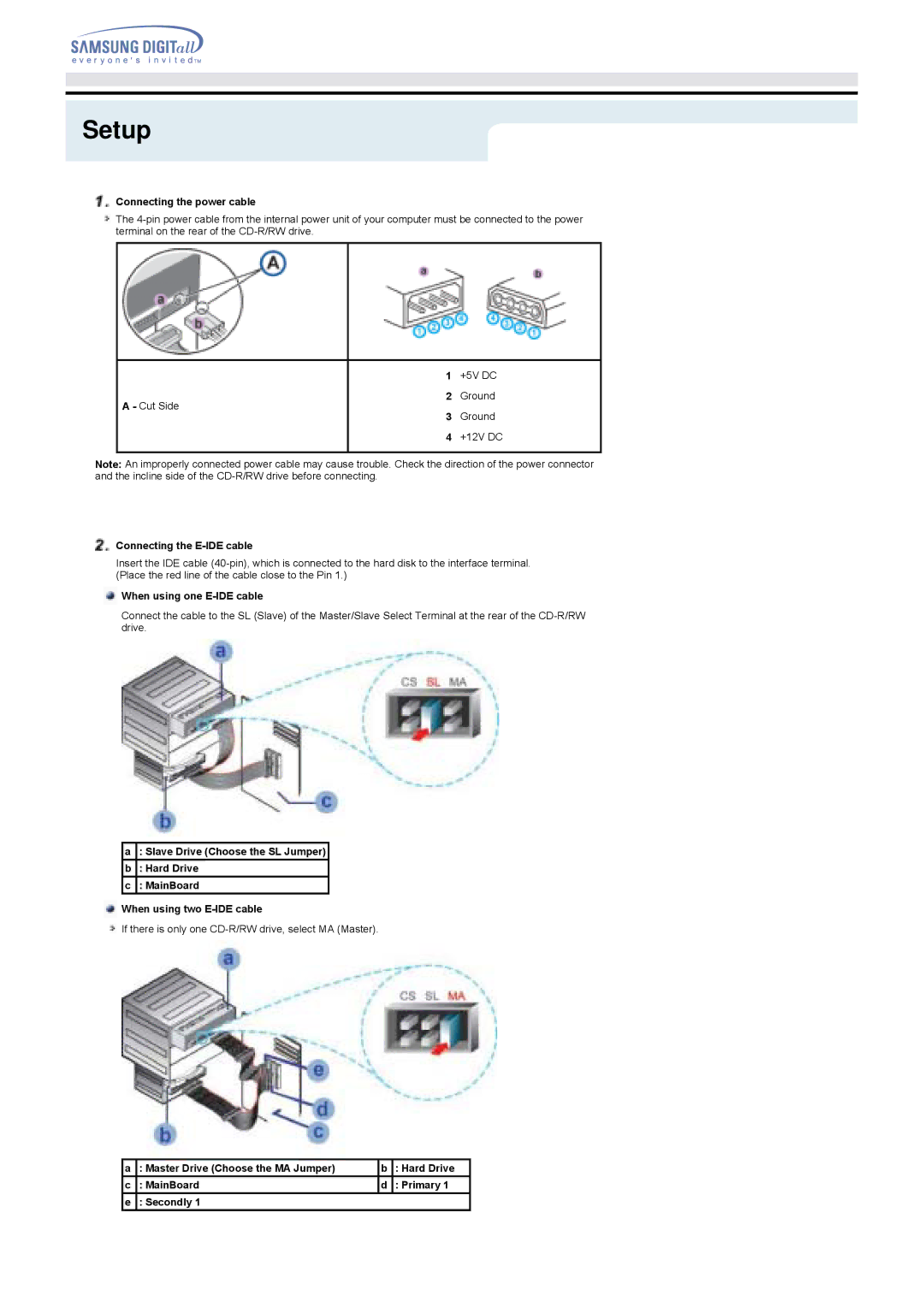 Samsung HM080HI specifications Connecting the power cable, Connecting the E-IDE cable, When using one E-IDE cable 