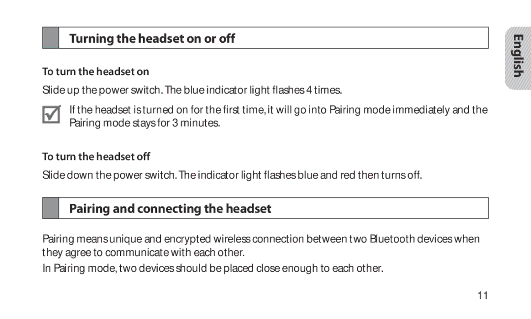 Samsung HM1200 manual Turning the headset on or off, Pairing and connecting the headset, To turn the headset on 