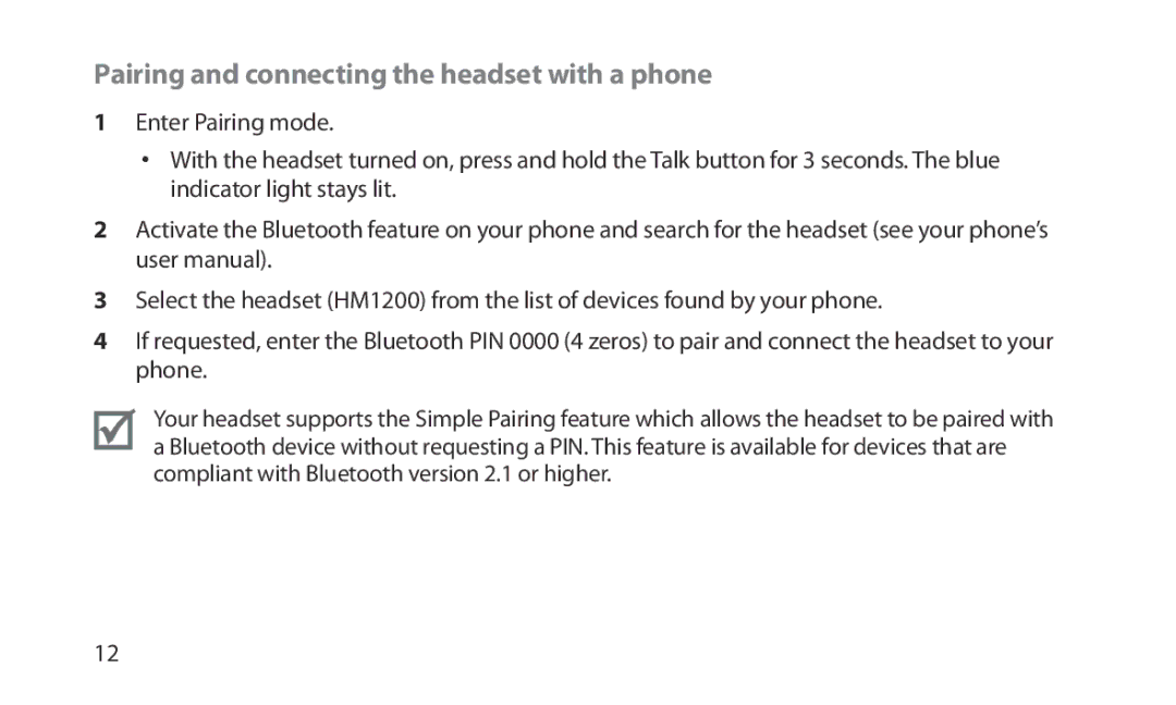 Samsung HM1200 manual Pairing and connecting the headset with a phone 