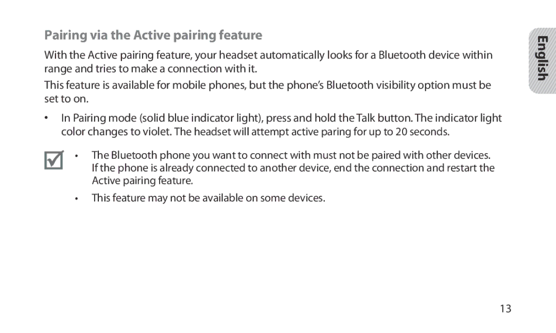 Samsung HM1200 manual Pairing via the Active pairing feature 