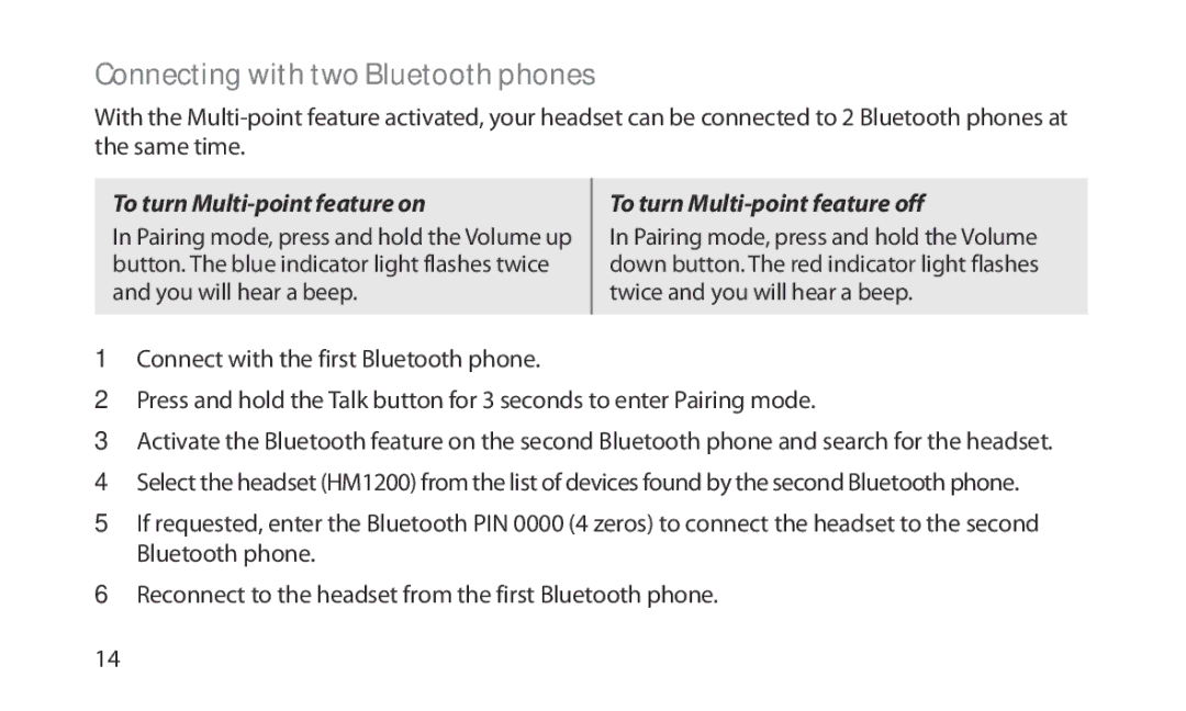 Samsung HM1200 manual Connecting with two Bluetooth phones, To turn Multi-point feature on 