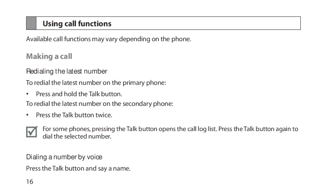 Samsung HM1200 manual Using call functions, Making a call, Redialing the latest number, Dialing a number by voice 