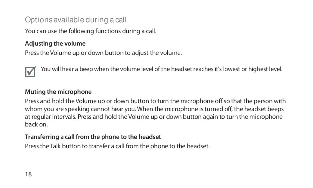 Samsung HM1200 manual Options available during a call, Adjusting the volume, Muting the microphone 