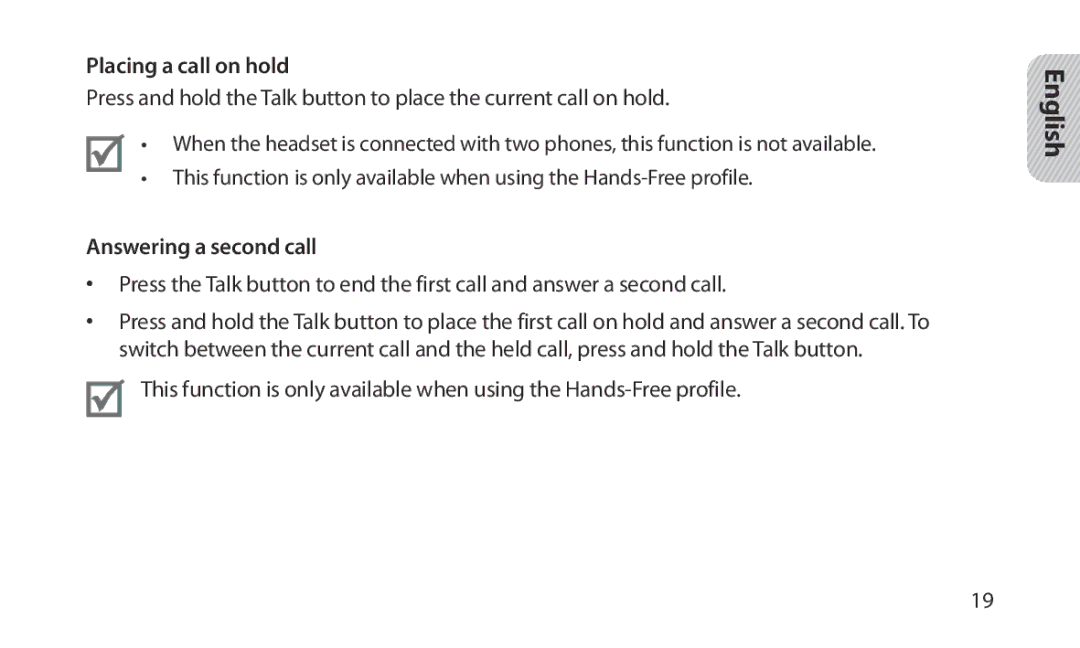 Samsung HM1200 manual Placing a call on hold, Answering a second call 