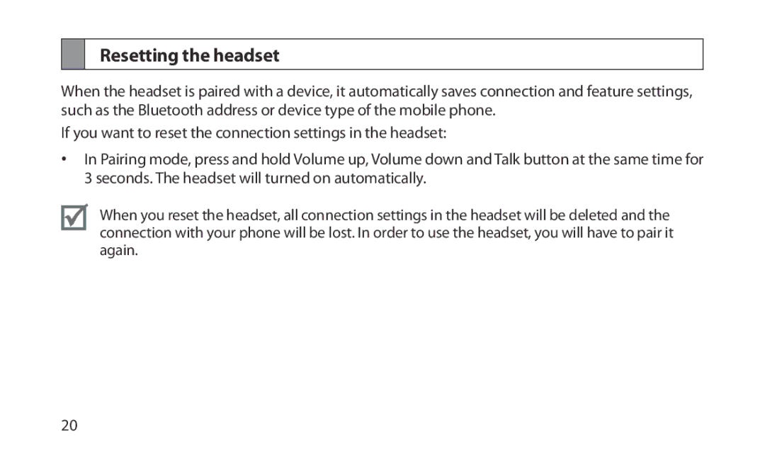 Samsung HM1200 manual Resetting the headset 