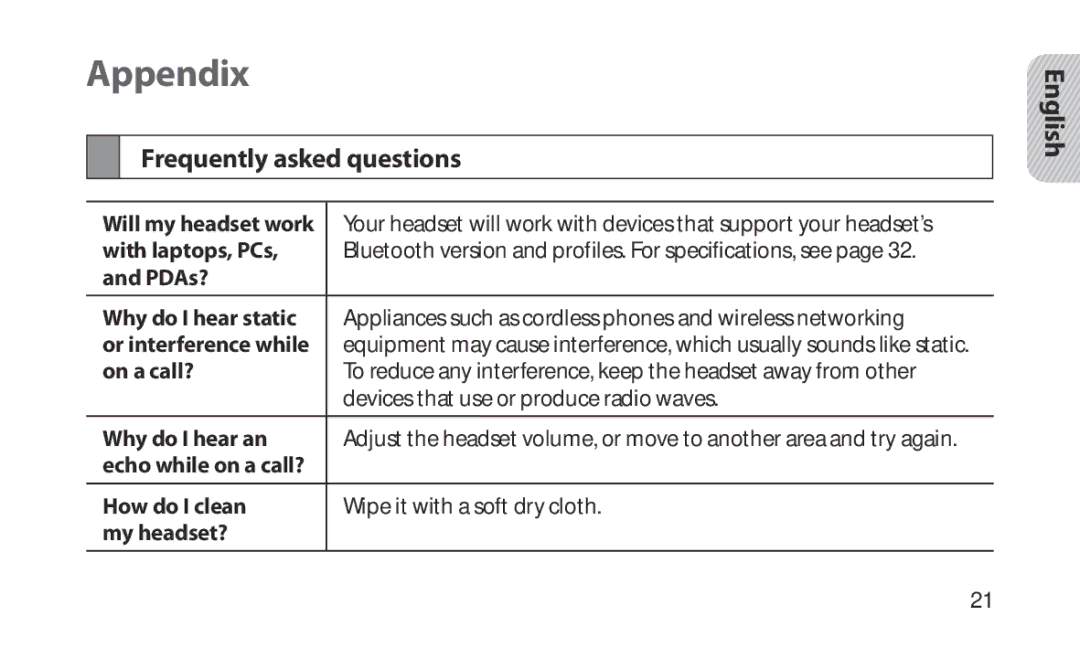 Samsung HM1200 manual Appendix, Frequently asked questions 