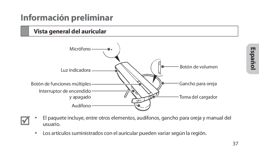 Samsung HM1200 manual Información preliminar, Vista general del auricular 