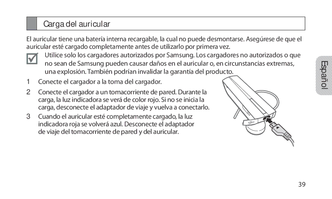 Samsung HM1200 manual Carga del auricular 