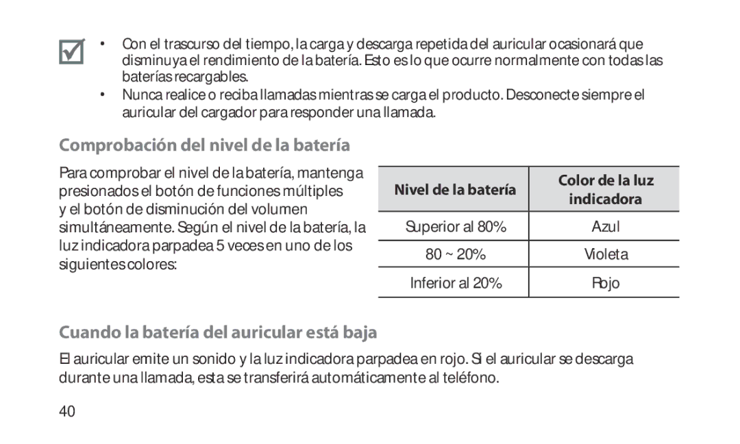 Samsung HM1200 manual Comprobación del nivel de la batería, Cuando la batería del auricular está baja 