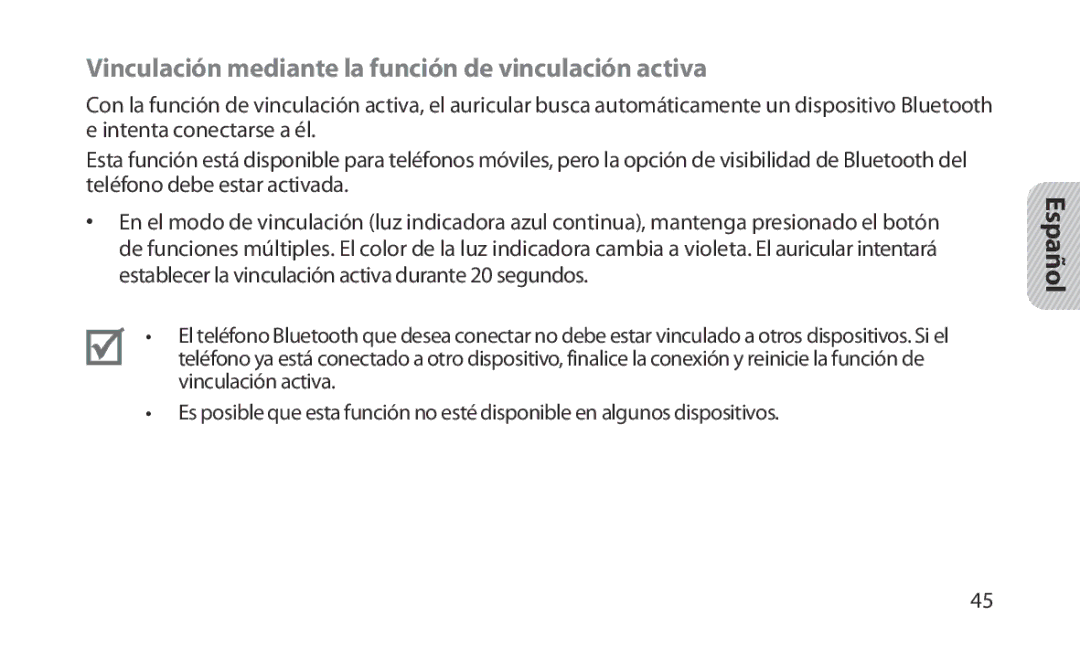 Samsung HM1200 manual Vinculación mediante la función de vinculación activa 