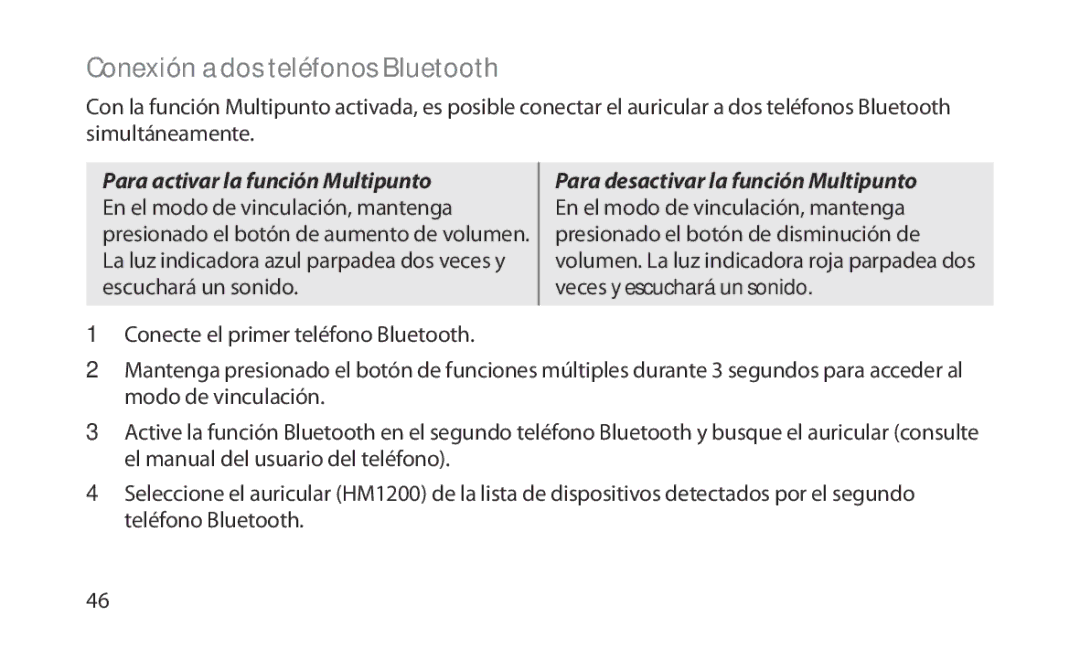 Samsung HM1200 manual Conexión a dos teléfonos Bluetooth 