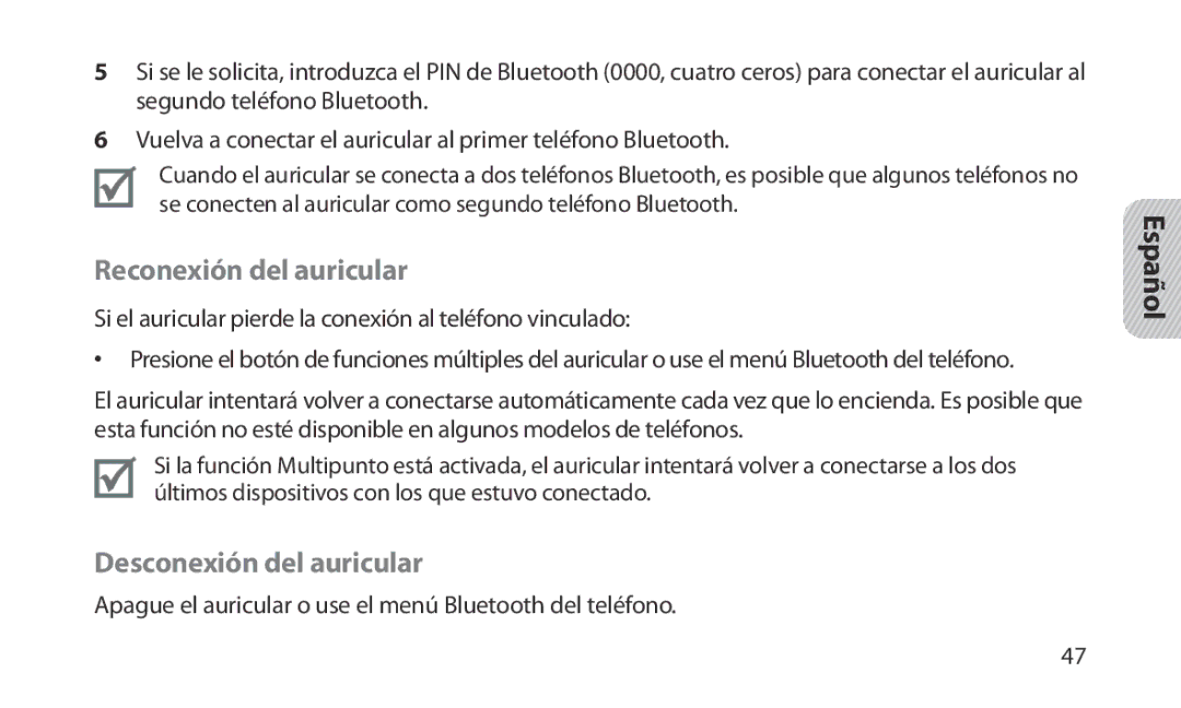 Samsung HM1200 manual Reconexión del auricular, Desconexión del auricular 