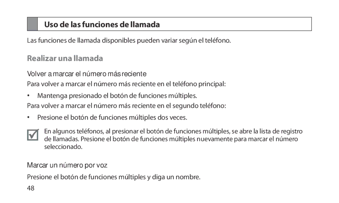 Samsung HM1200 manual Uso de las funciones de llamada, Realizar una llamada, Volver a marcar el número más reciente 