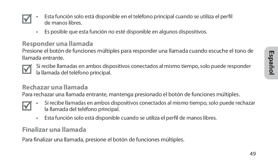 Samsung HM1200 manual Responder una llamada, Rechazar una llamada, Finalizar una llamada 