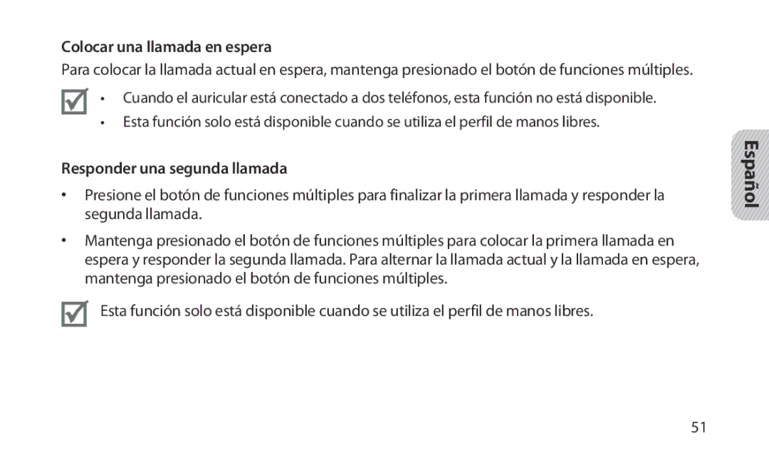 Samsung HM1200 manual Colocar una llamada en espera, Responder una segunda llamada 