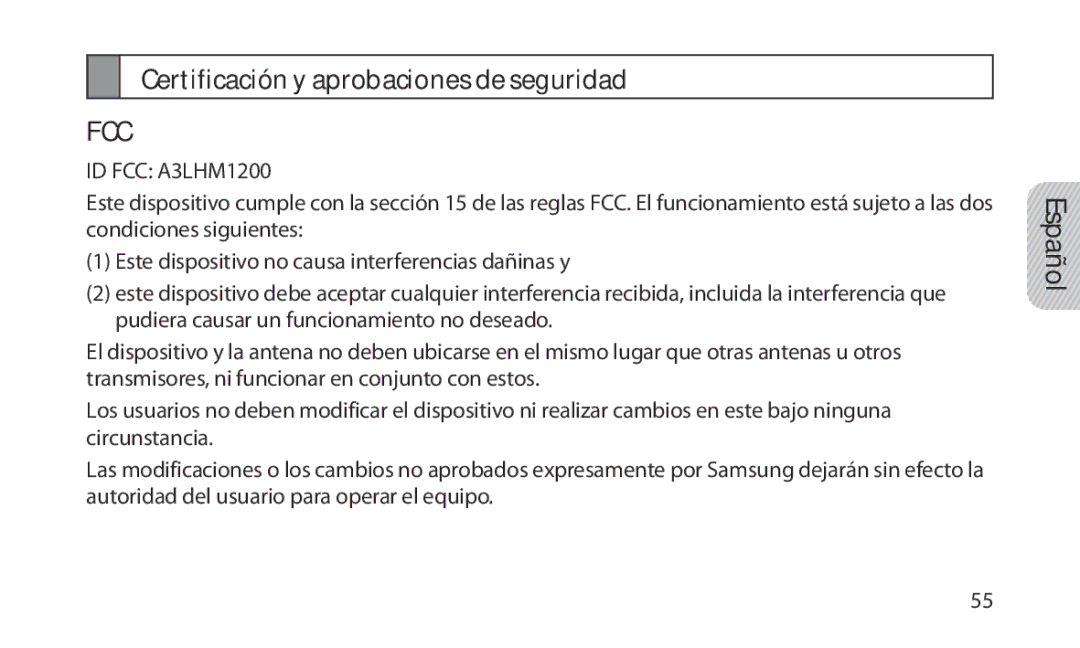 Samsung manual Certificación y aprobaciones de seguridad, ID FCC A3LHM1200 