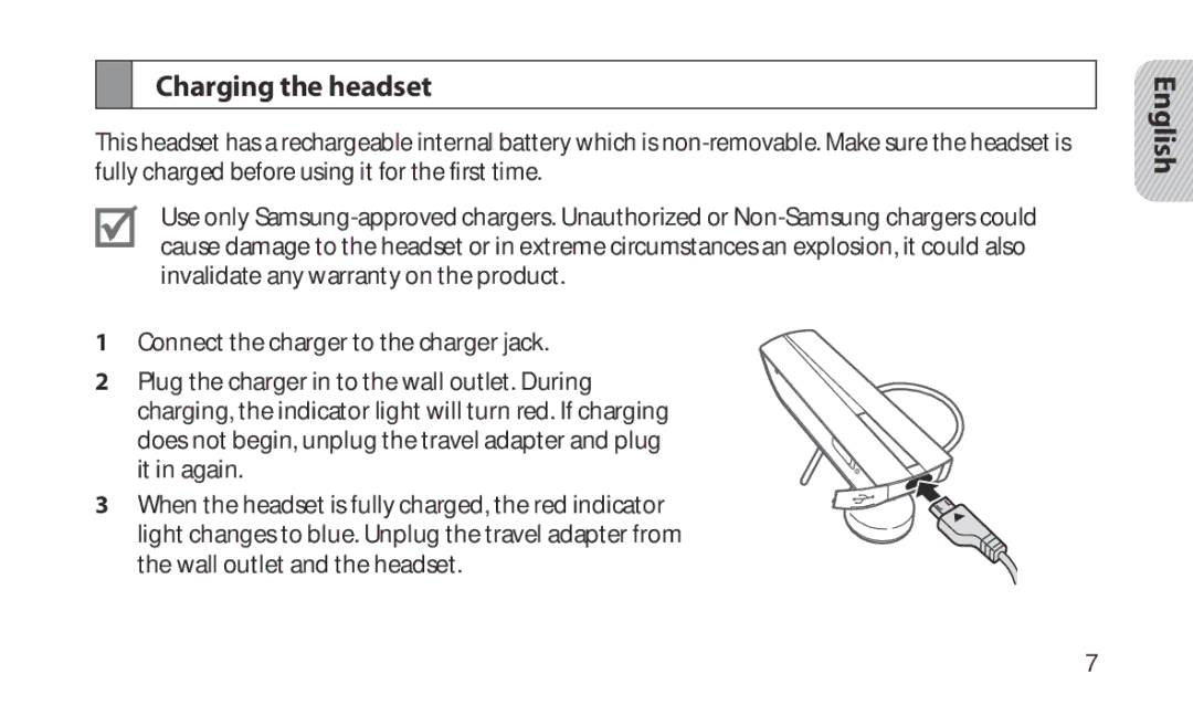 Samsung HM1200 manual Charging the headset 