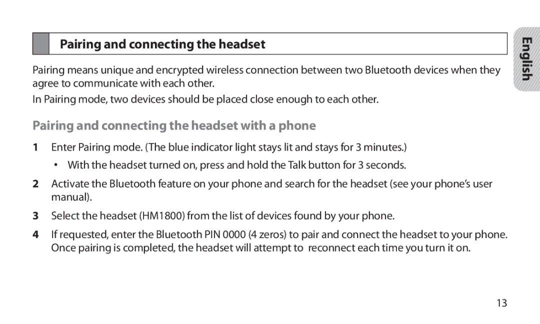 Samsung HM1800 manual Pairing and connecting the headset with a phone 