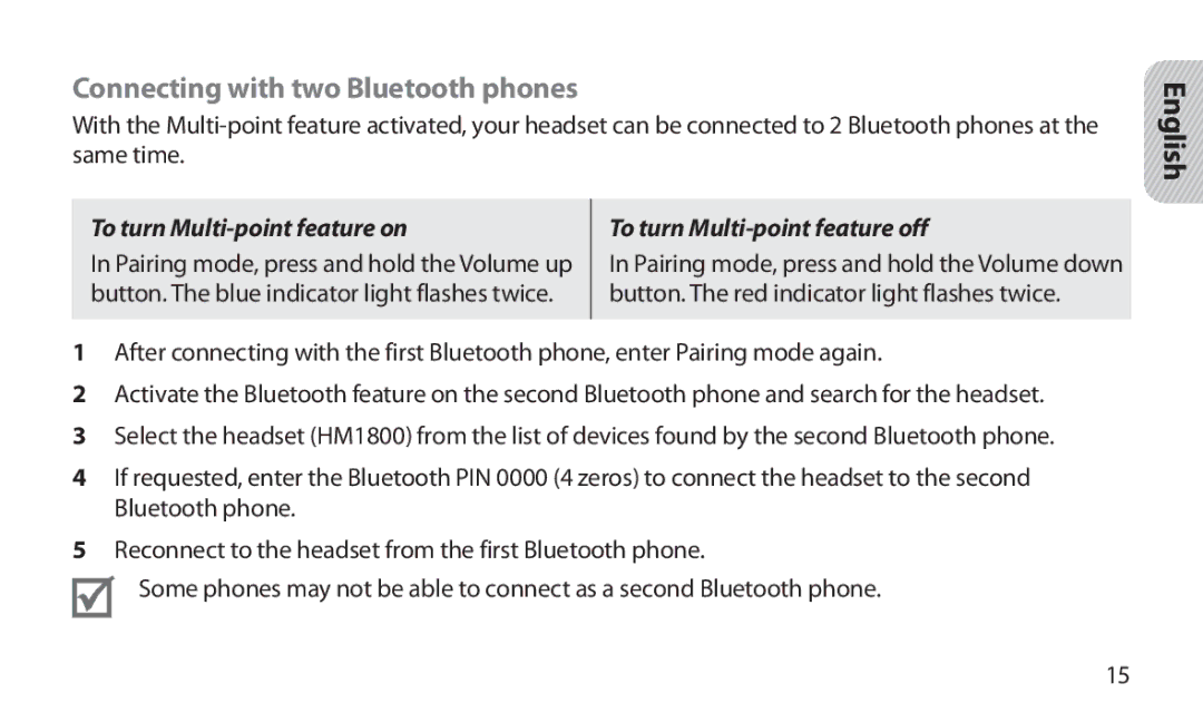 Samsung HM1800 manual Connecting with two Bluetooth phones, To turn Multi-point feature off 