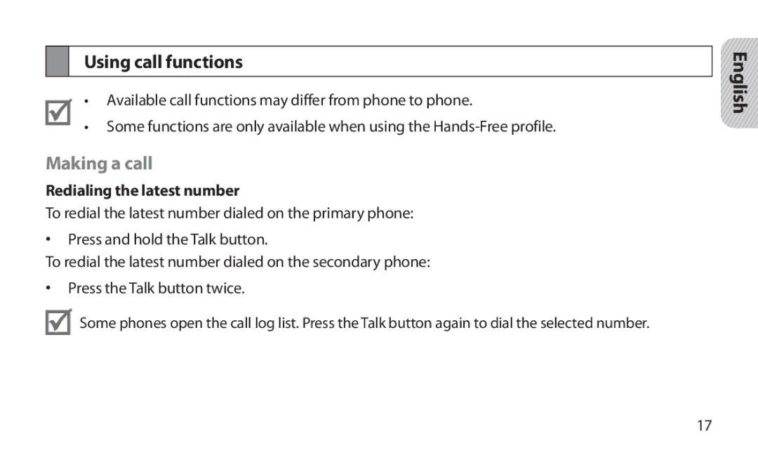 Samsung HM1800 manual Using call functions, Making a call, Redialing the latest number 