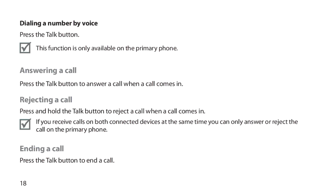 Samsung HM1800 manual Answering a call, Rejecting a call, Ending a call, Dialing a number by voice 