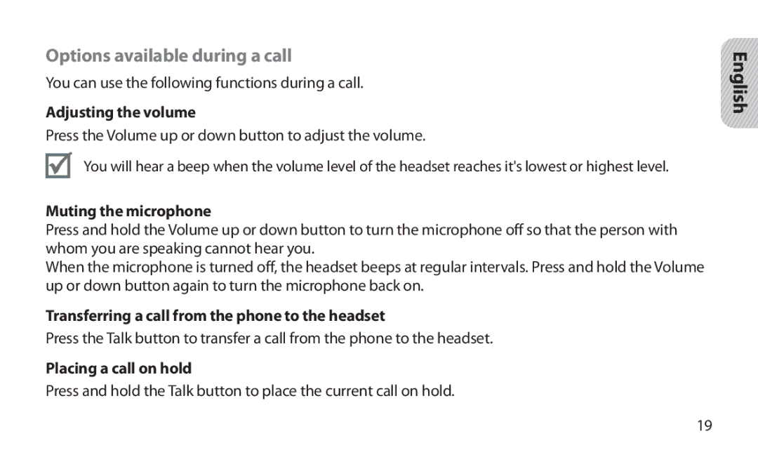 Samsung HM1800 manual Options available during a call, Adjusting the volume, Muting the microphone, Placing a call on hold 