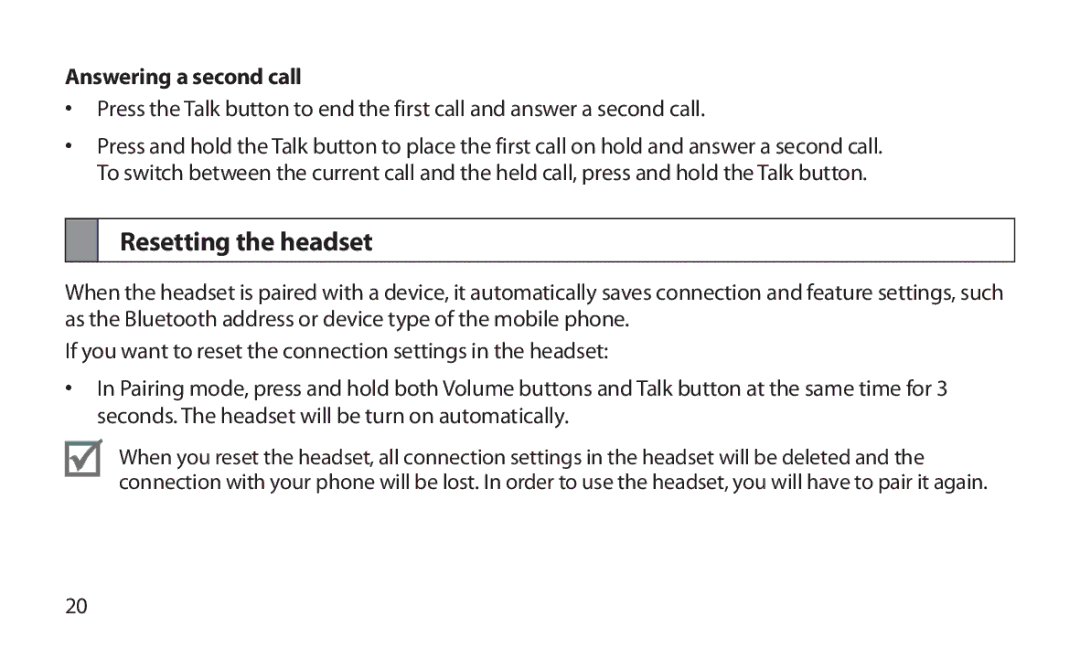 Samsung HM1800 manual Resetting the headset, Answering a second call 